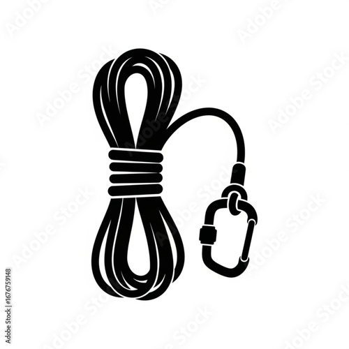 Black silhouette of a coiled climbing rope with a carabiner
