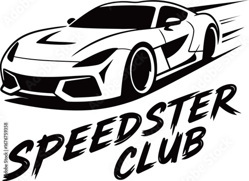 Dynamic vector logo of a modern sports car with the text "Speedster Club," representing speed, racing, and automotive enthusiasts.