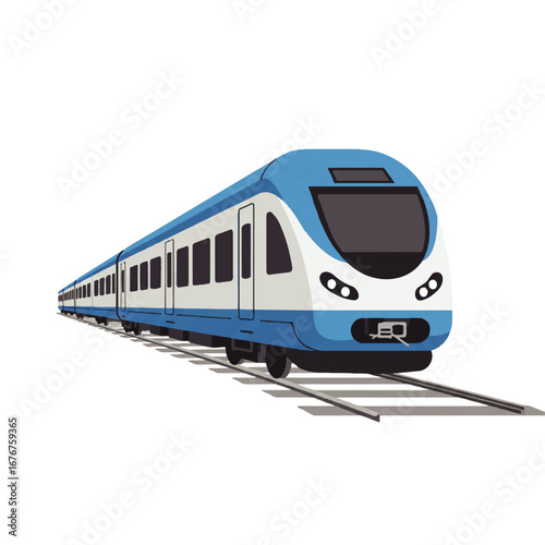 A modern blue and white passenger train travels along a railway track, depicted in a vector illustration.