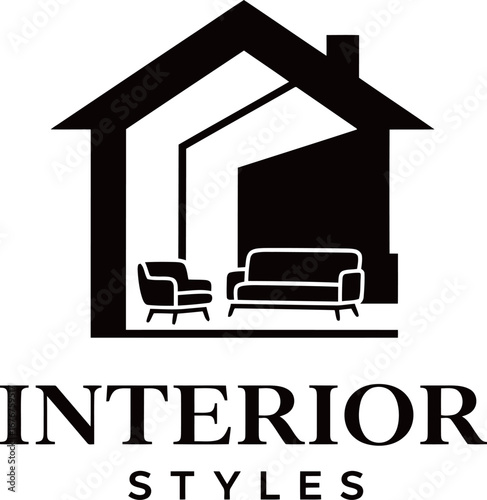 Simple and stylish logo for "Interior Styles," featuring a house with a sofa and armchair inside, ideal for home decor or furnishing businesses.