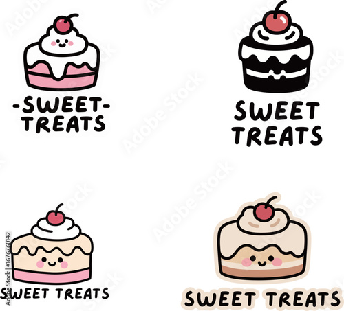 Collection of four "Sweet Treats" logos featuring cute and cartoonish cupcakes, perfect for a bakery, dessert shop, or confectionery.