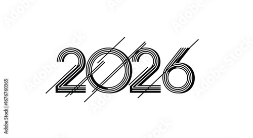 Stylized black and white illustration of the year 2026 with parallel lines on a white background
