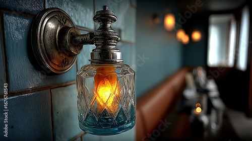 the image showcases a decorative light fixture mounted on a tiled wall. the wall is covered in blue rectangular tiles that display a textured surface