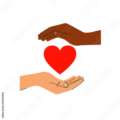 Two hands, one light-skinned and one dark-skinned, gently cradle and protect a vibrant red heart symbol, representing love and care.