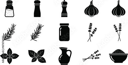 Collection of culinary herbs, spices, and cooking ingredients in black and white silhouette