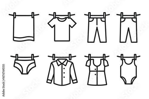 Laundry icons: shirts, pants, dresses, towel, underwear, drying on line