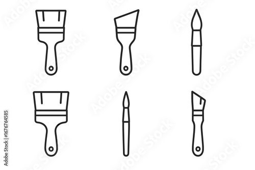 Set of six minimalist paintbrush icons in black line art style