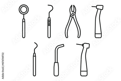 Outline icons of dental instruments for oral care and dentistry