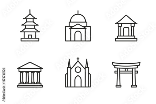 Icon set of diverse architectural structures: pagoda, dome, temple, parthenon, cathedral, torii gate