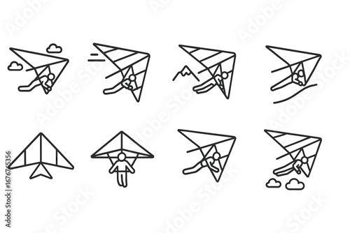 Icon set of hang gliding activities and movements
