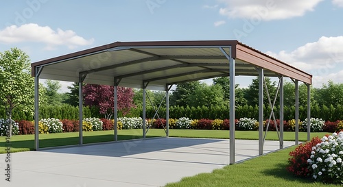 Large Metal Carport Structure on Paved Driveway.