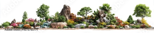 Panoramic landscape design with diverse plants and rocks