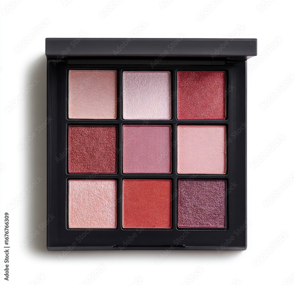 Fototapeta premium Nine-pan eyeshadow palette in a black case. Nine shades of warm pink and red eyeshadows arranged in a grid. Elevated, studio shot on white background