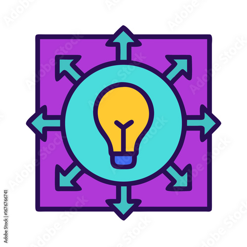 Light bulb with arrows outward purple background