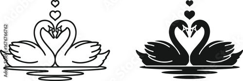 Elegant swans form a heart shape with floating hearts above, symbolizing love and romance.