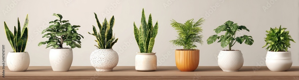 Fototapeta premium Row of potted houseplants in various styles