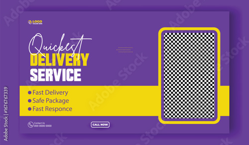 Modern purple and yellow graphic promoting a quick delivery service with a smiling man holding boxes