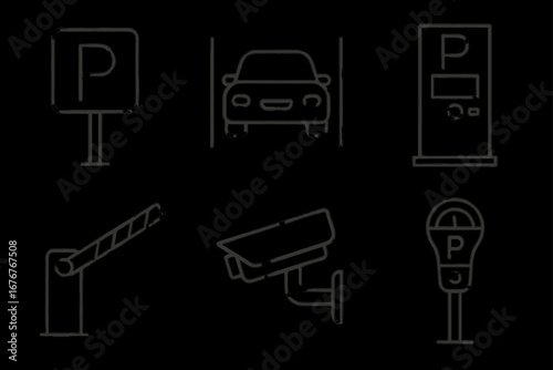 Parking icon set featuring car, meter, cctv, and barrier designs