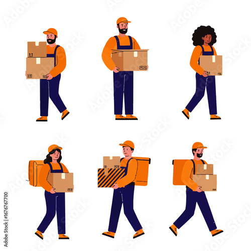 Six delivery people, both men and women, of diverse ethnicities, wearing uniforms and carrying cardboard boxes.