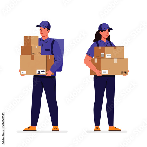 Two delivery workers, a man and a woman, in uniform carrying stacked cardboard boxes, ready for delivery.
