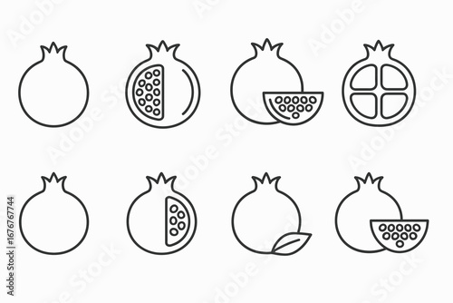 Minimalist pomegranate icons set in black and white outlines