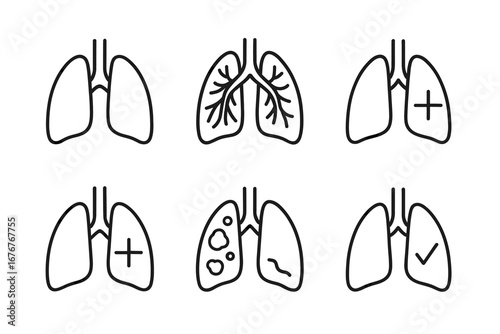 Illustrated lung health icons set showing various conditions and symptoms