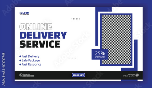 Modern online delivery service advertisement with happy courier and package