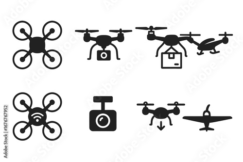 Set of drone icons: camera, delivery, wireless technology, drone control, aerial vehicles