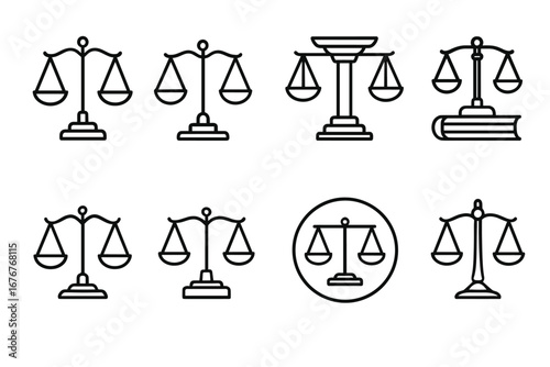 Set of justice scale icons in various designs and arrangements