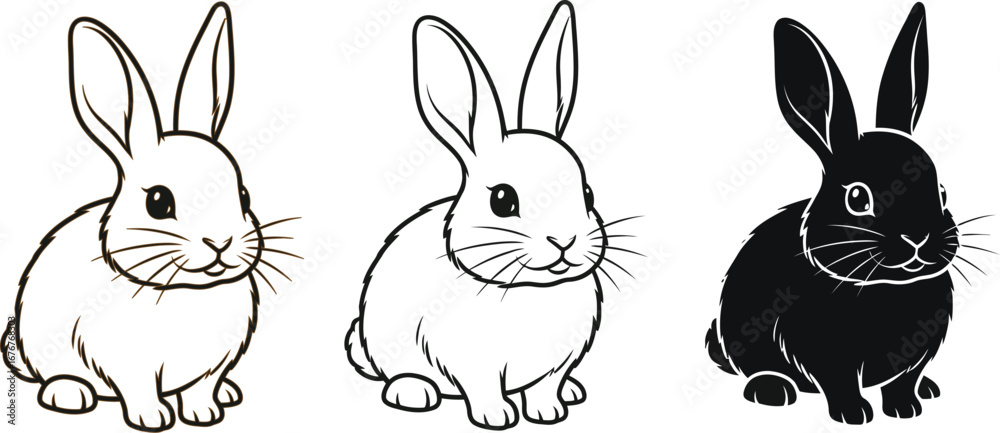 Fototapeta premium Three cute rabbits in black and white outline and silhouette