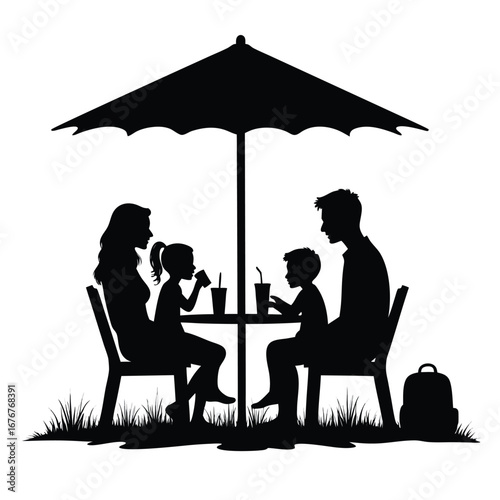 Family silhouette under umbrella at outdoor table vector