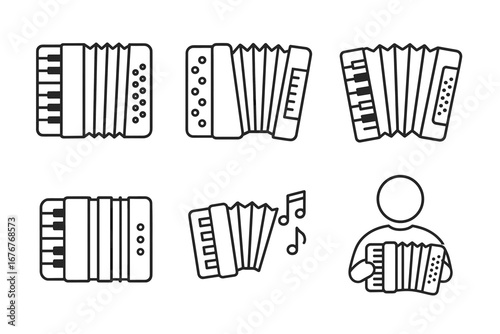 Accordion outline icon set with music notes and musician figure