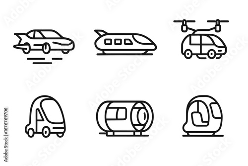 Futuristic transportation icons: cars, trains, drones, pods, technology, urban concepts
