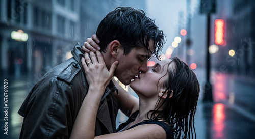 Romantic couple kissing passionately under the rain in a city street