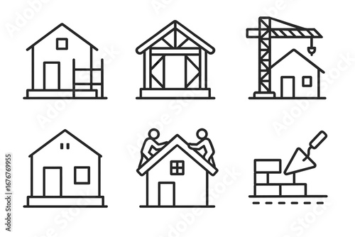 Construction icons: houses, cranes, scaffolding, brickwork, roof workers
