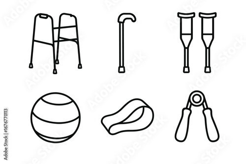 Collection of mobility and exercise equipment icons: walkers, crutches, cane, ball, bands, hand grippers