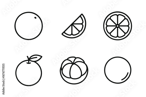 Simplified citrus fruit line art collection: orange, slice, and whole designs