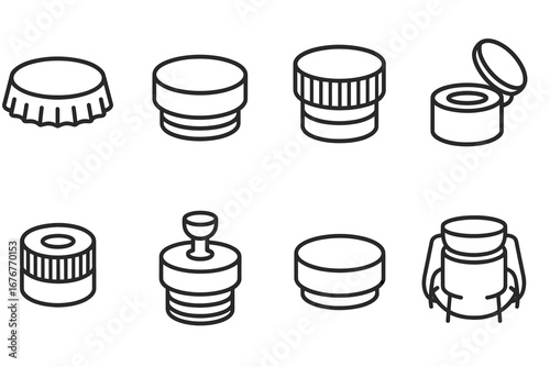 Vector line icons of various bottle caps and lids