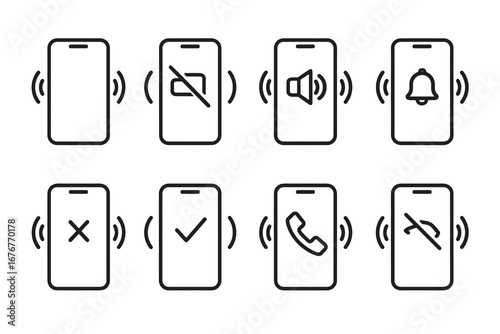 Icon set of smartphone notifications and settings symbols in outline style