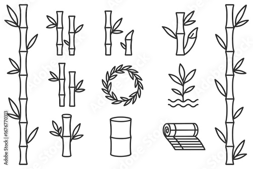 Bamboo outline icons set: stalks, leaves, and circular patterns