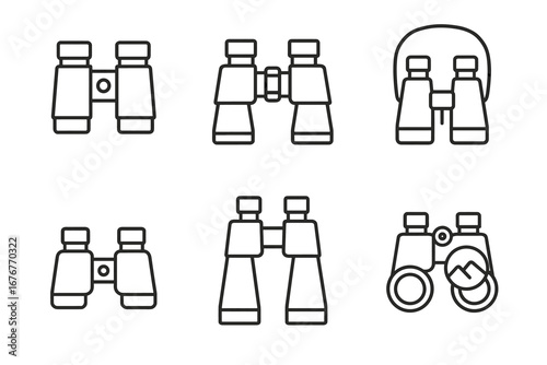 Set of six binoculars icons in minimalist line art style