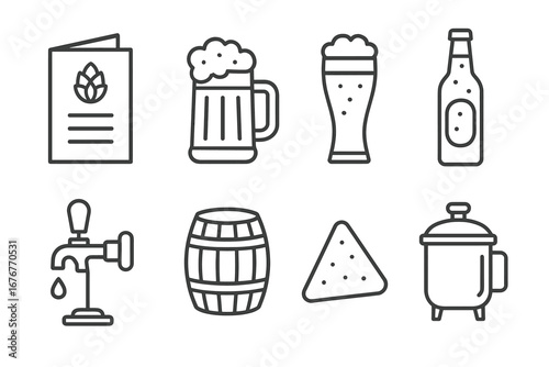 Beer brewing icons: mug, pint, bottle, keg, tap, and brewing equipment vector set
