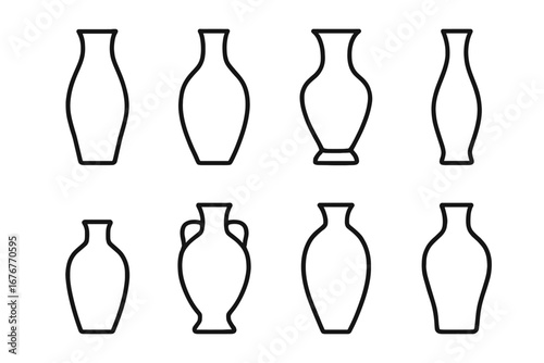 Outline collection of eight diverse vase shapes in black and white design