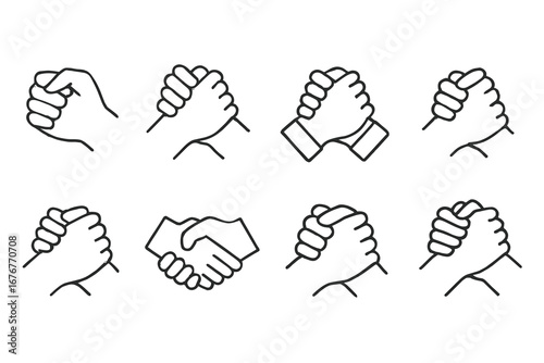 Variety of handshake and fist bump icon set in line art style