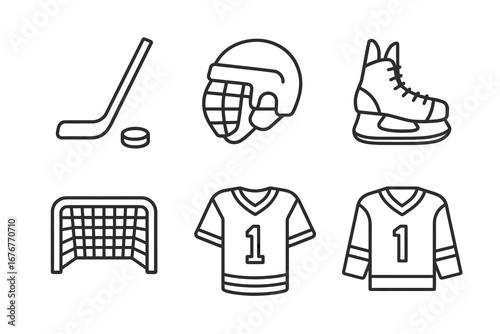 Hockey equipment icons: stick, puck, helmet, skates, goal, jersey