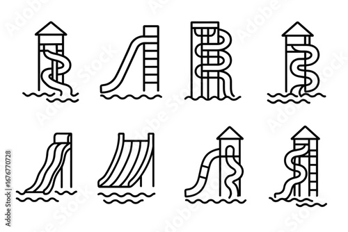 Collection of eight water slide icons featuring various designs and styles