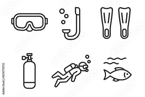 Diving equipment icons: goggles, snorkel, fins, tank, diver, fish