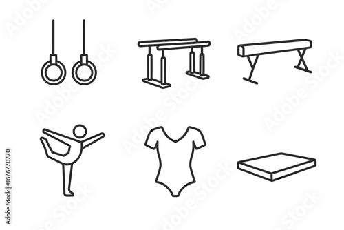 Gymnastics equipment icons: rings, parallel bars, beam, figure, leotard, mat