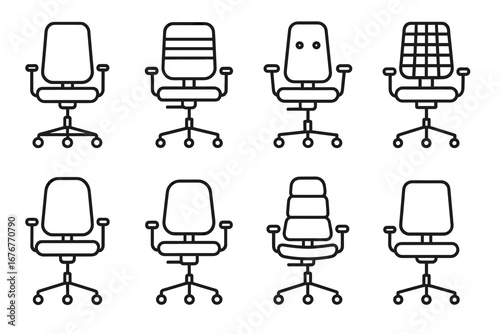 Set of eight office chair line icons with various designs and armrests