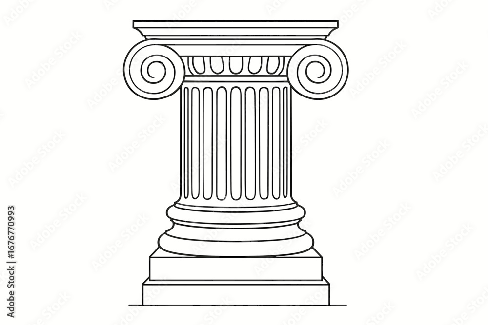 Detailed line drawing of classical ionic column with spiral volutes and fluted shaft